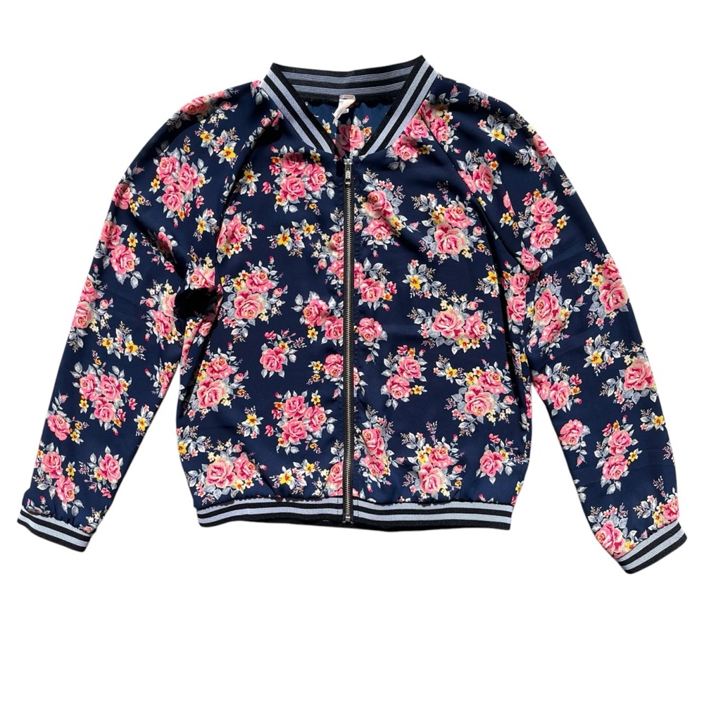 Point Womens Sz Small Navy Pink Yellow Floral Full Zip Sheer Bomber Jacket #1177
